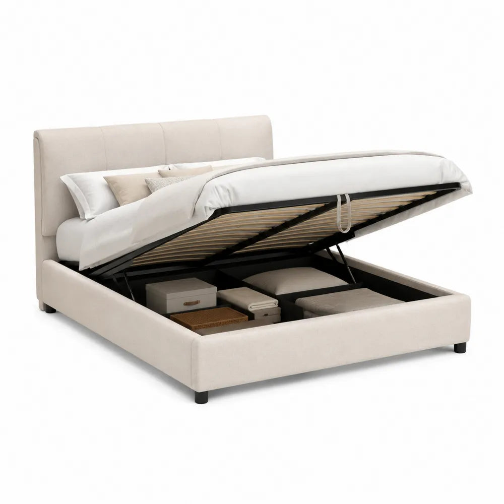 Stauraumbett Polsterbett 180 x 200 cm mit Bettkasten Gasdruckfeder Holz Metallrahmen Beige