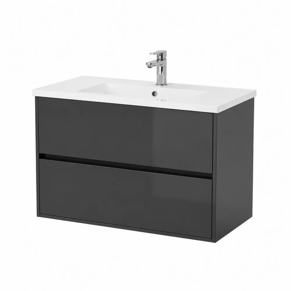 Waschtischunterschrank 80 cm x 46 cm x 50 cm MDF Dunkelgrau mit Keramikwaschbecken Weiß mit Einhebelmischer Chrom