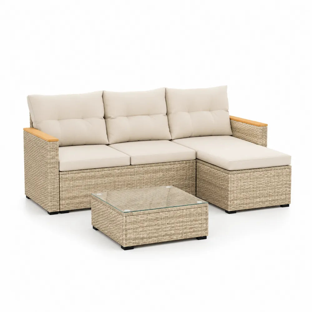 Gartensofa Set 3-teilig 200 x 70 x 75 cm PE-Rattan Aluminiumrahmen Beige mit Chaiselongue und Glastisch rechteckig