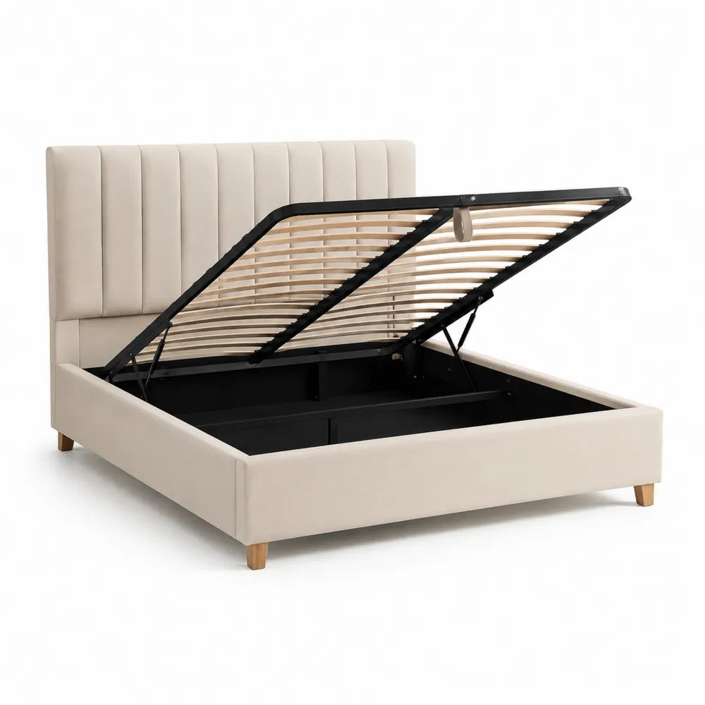 Stauraumbett Polsterbett 160 x 200 cm Cremebeige rechteckig mit Lattenrost und Bettkasten Hebemechanik