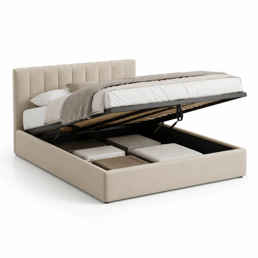 Stauraumbett Polsterbett 160 x 200 cm mit Bettkasten Gasdruckfeder Holz Metallrahmen Beige gepolstertes Kopfteil
