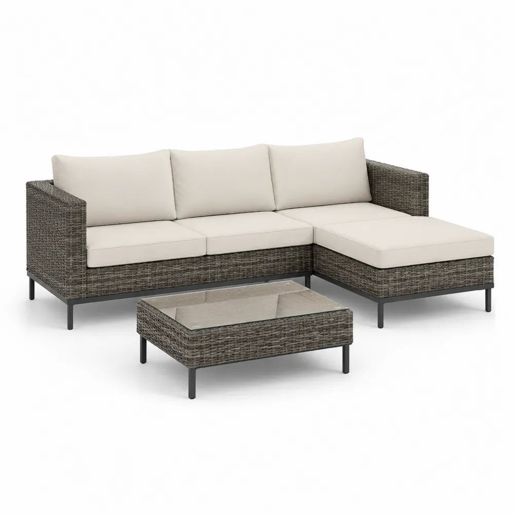 Gartensofa Set 3-teilig 200 x 140 x 75 cm PE-Rattan Aluminiumrahmen Grau Beige mit Chaiselongue und Glastisch rechteckig
