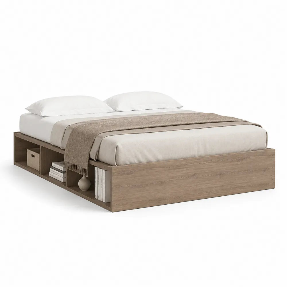 Bettgestell Plattformbett 180 x 200 cm Holz Eiche Natur rechteckig mit seitlichen Ablagefächern ohne Kopfteil