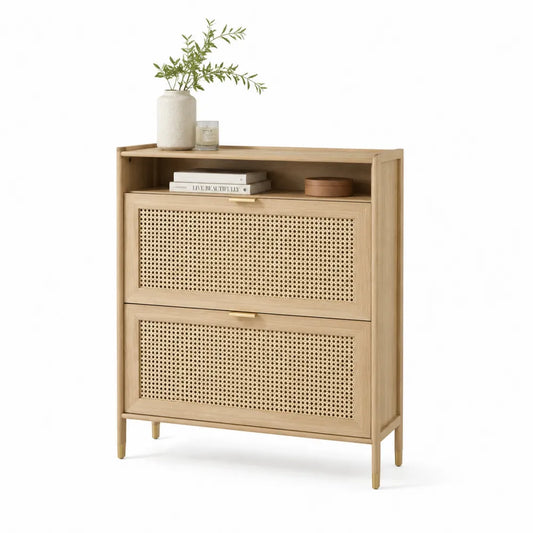 Schuhschrank 80 cm x 30 cm x 100 cm Holzwerkstoff Rattan Natur mit zwei Klappen und offenem Fach