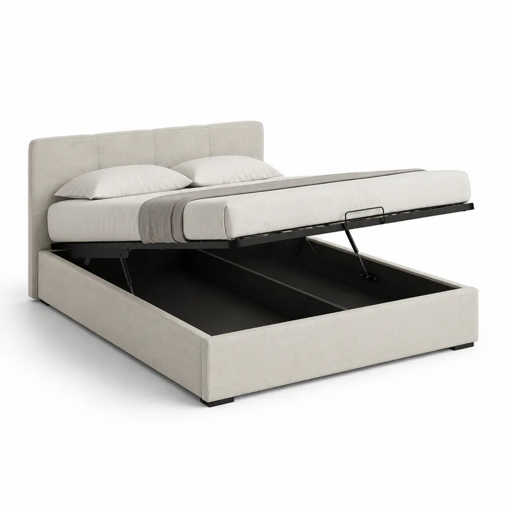 Stauraumbett 160 cm x 200 cm Polsterbett Beige Stoffbezug mit Bettkasten und Gasdruckfeder Metallrahmen