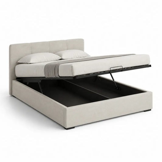 Stauraumbett 160 cm x 200 cm Polsterbett Beige Stoffbezug mit Bettkasten und Gasdruckfeder Metallrahmen