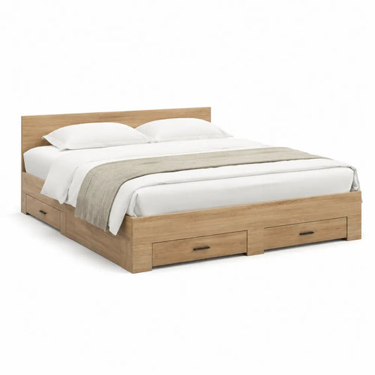 Stauraumbett 160 cm x 200 cm Bettgestell Eichenoptik Holzwerkstoff mit Schubladen rechteckig mit Kopfteil