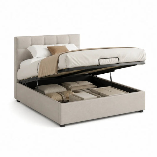 Stauraumbett 160 x 200 cm Hebemechanismus Polsterbett Holzrahmen Metall Gasdruckfeder Stoffbezug Beige rechteckig