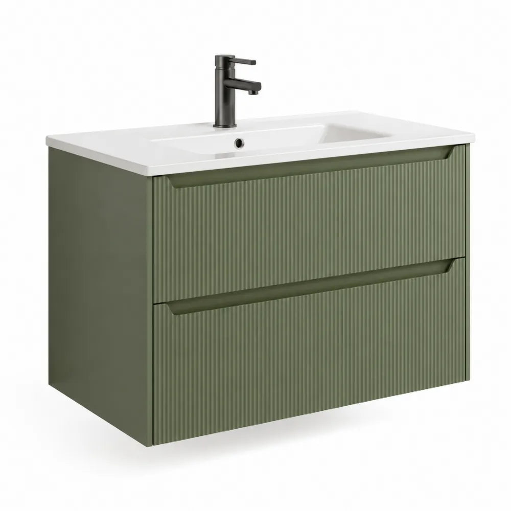 Waschtischunterschrank mit Waschbecken 80 x 46 x 55 cm wandhängend Grün Weiß Keramik mit 2 Schubladen und schwarzer Armatur