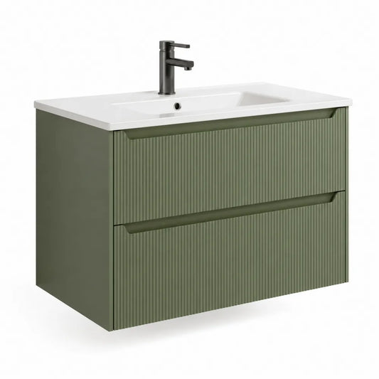 Waschtischunterschrank mit Waschbecken 80 x 46 x 55 cm wandhängend Grün Weiß Keramik mit 2 Schubladen und schwarzer Armatur