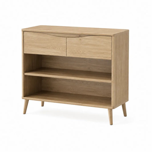 Schuhschrank 100 x 35 x 85 cm Eiche Holz MDF rechteckig mit 2 Schubladen und offenen Ablagen Holzbeine