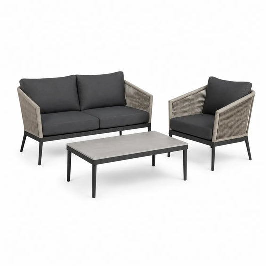 Gartensofa Set 3-teilig 2-Sitzer Sofa 1 Sessel Couchtisch PE-Seil Stahl Grau Schwarz 150 x 70 x 75 cm