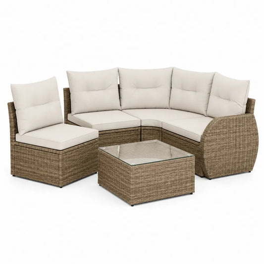 Gartensofa Set 5-teilig PE Rattan Stahl Glas Beige Natur 210 x 210 x 70 cm