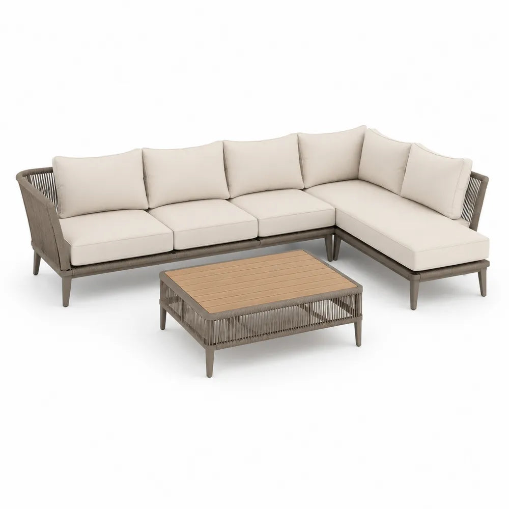 Gartenlounge Set 3-teilig L-Form 230 x 180 x 75 cm PE-Rattan Aluminiumrahmen Polster Beige mit Couchtisch rechteckig