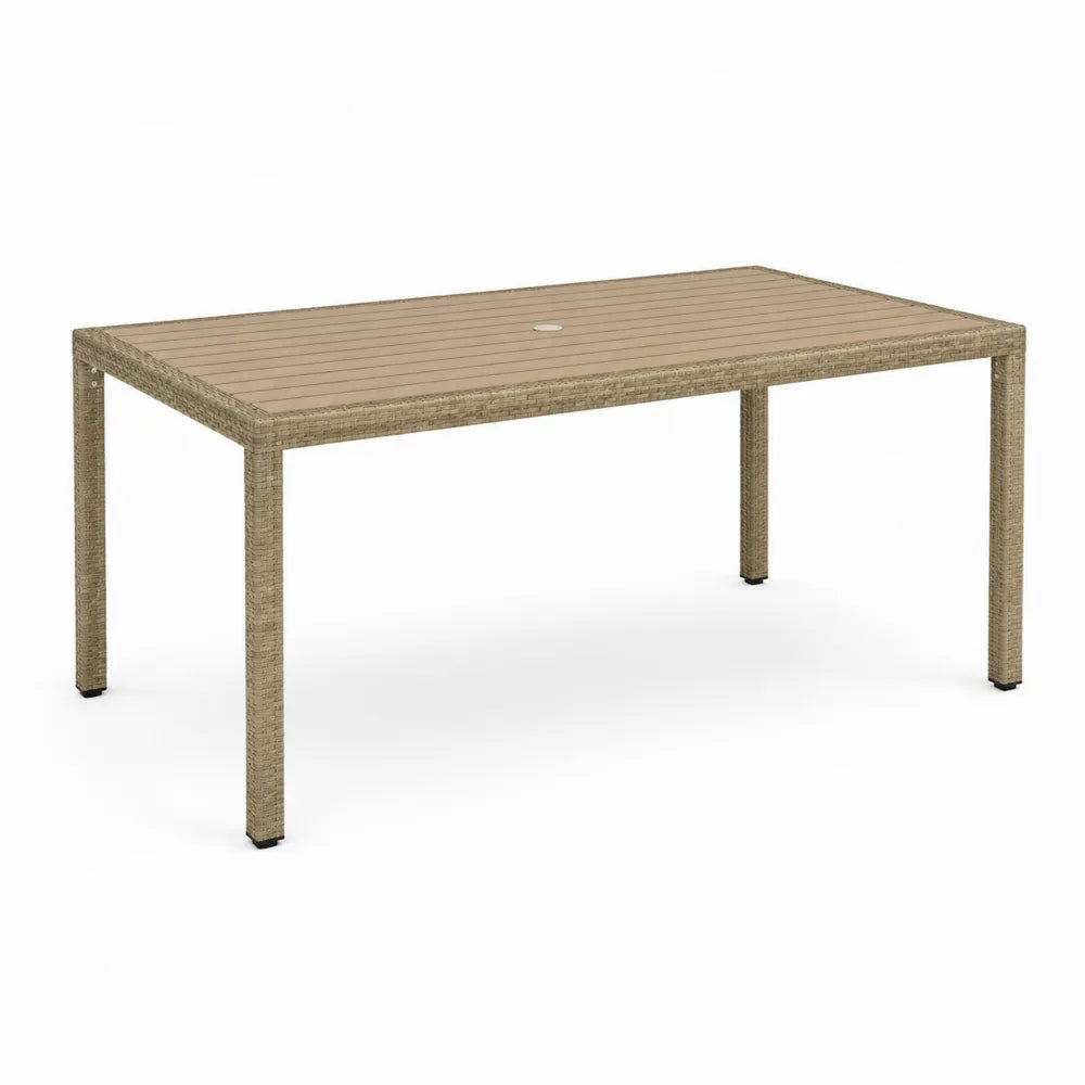 Gartentisch 160 x 90 x 75 cm Polywood Holzoptik mit PE-Rattan Aluminiumgestell rechteckig Beige