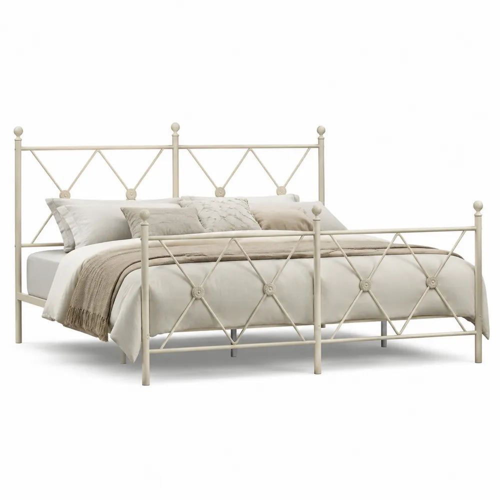 Metall Bettgestell 140 cm x 200 cm Doppelbett Beige Stahlrahmen Schmiedeeisen Optik rechteckig mit Kopf- und Fußteil