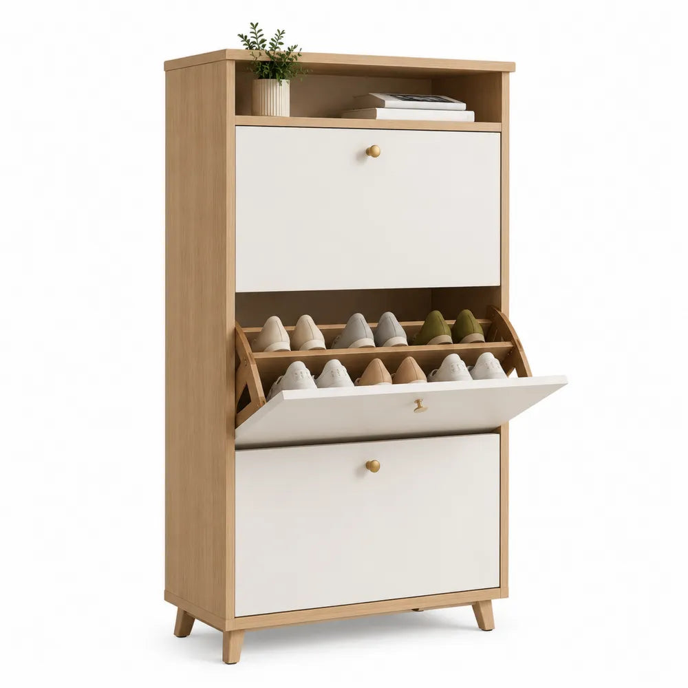 Schuhschrank 80 x 35 x 140 cm MDF Cremeweiß Eichenoptik mit 2 Klappen offenem Fach und Holzbeinen rechteckig