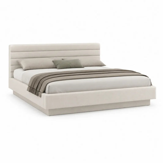 Polsterbett 160 x 200 cm Bettgestell gepolstertes Kopfteil horizontal gesteppter Polyesterbezug Beige Plattformbett Holzwerkstoff