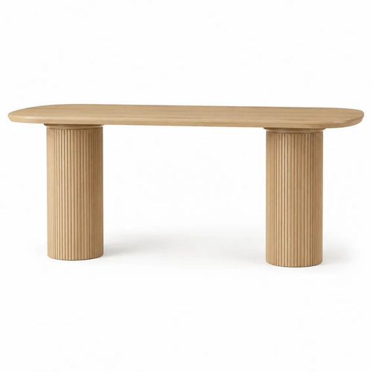 Esstisch oval MDF Holzwerkstoff Eichenfurnier geriffelte Säulenfüße 180 cm 90 cm 75 cm Eiche Natur