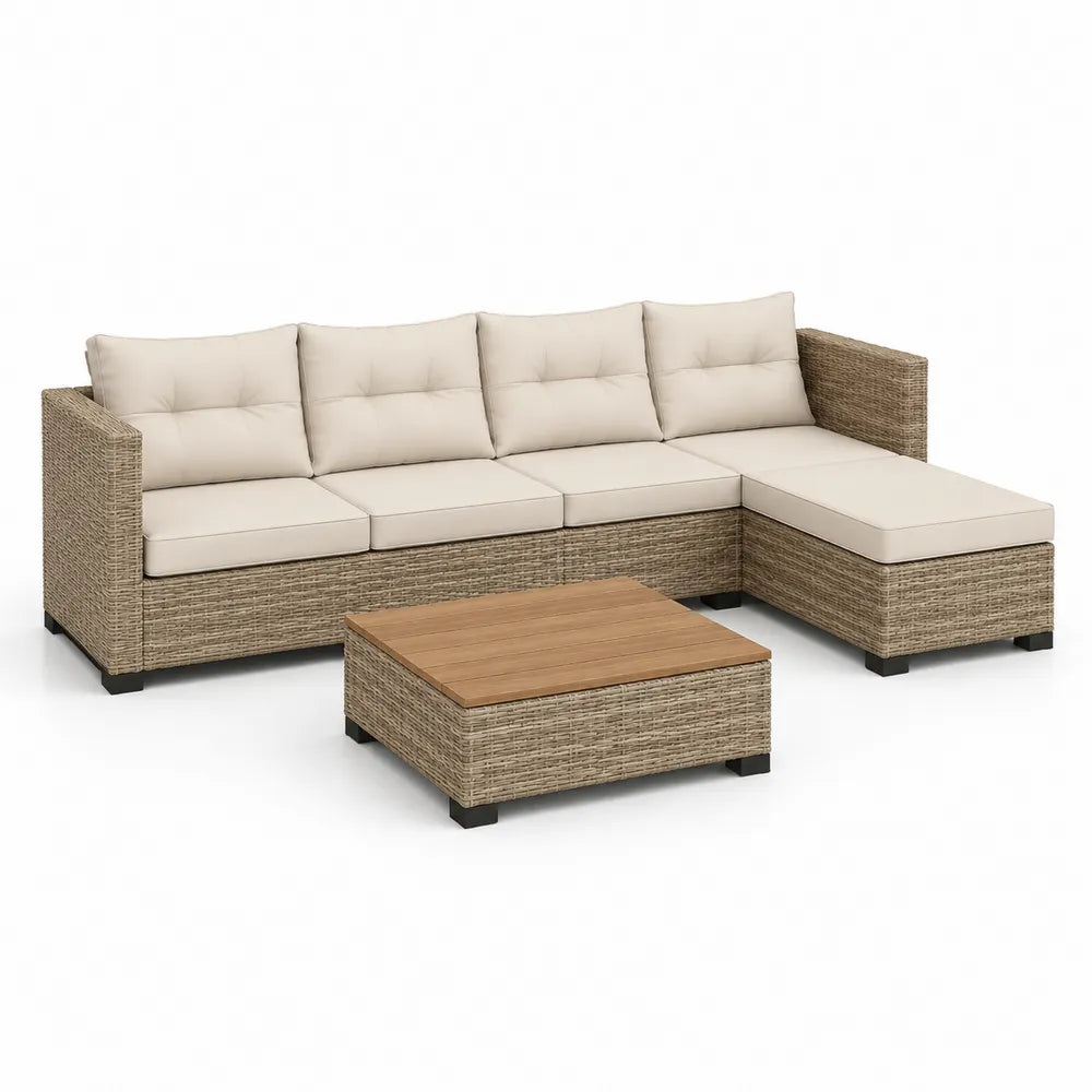 Gartenlounge Set 3-teilig L-Form PE-Rattan Aluminiumrahmen Couchtisch Holzoptik Beige Weiß rechteckig